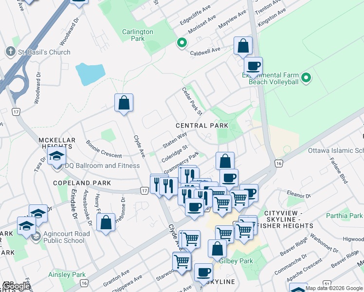 map of restaurants, bars, coffee shops, grocery stores, and more near 11 Coleridge Street in Ottawa