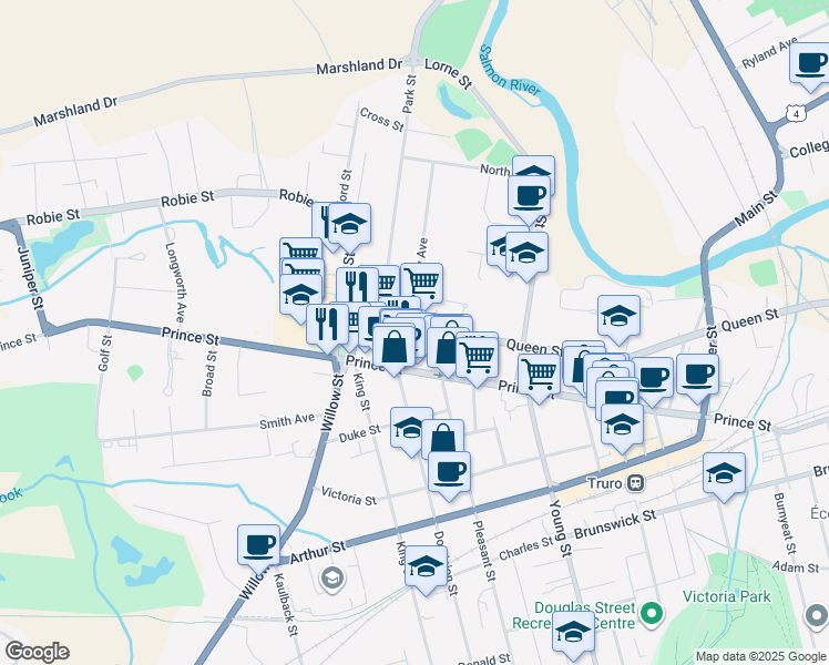 map of restaurants, bars, coffee shops, grocery stores, and more near 52 Queen Street in Truro