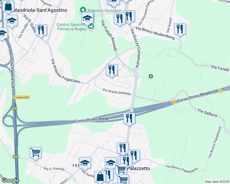 map of restaurants, bars, coffee shops, grocery stores, and more near Via Deledda in Padua