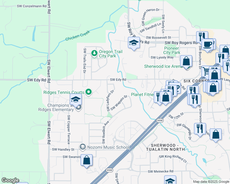 map of restaurants, bars, coffee shops, grocery stores, and more near 21202 Southwest Ladyfern Drive in Sherwood