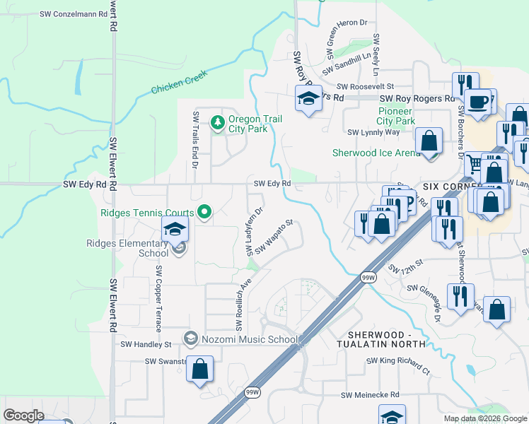 map of restaurants, bars, coffee shops, grocery stores, and more near 21154 Southwest Ladyfern Drive in Sherwood