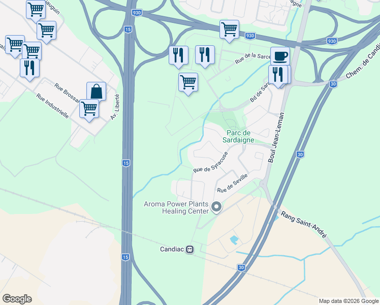 map of restaurants, bars, coffee shops, grocery stores, and more near 36 Rue de Sauverny in Candiac