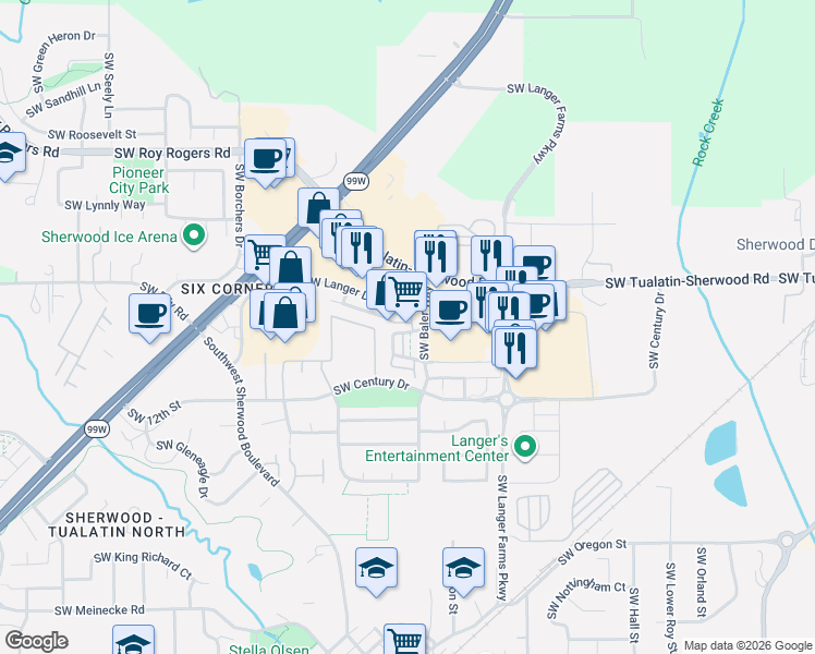 map of restaurants, bars, coffee shops, grocery stores, and more near 15977 Southwest Windrow Lane in Sherwood