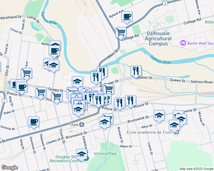 map of restaurants, bars, coffee shops, grocery stores, and more near 266 Queen Street in Truro