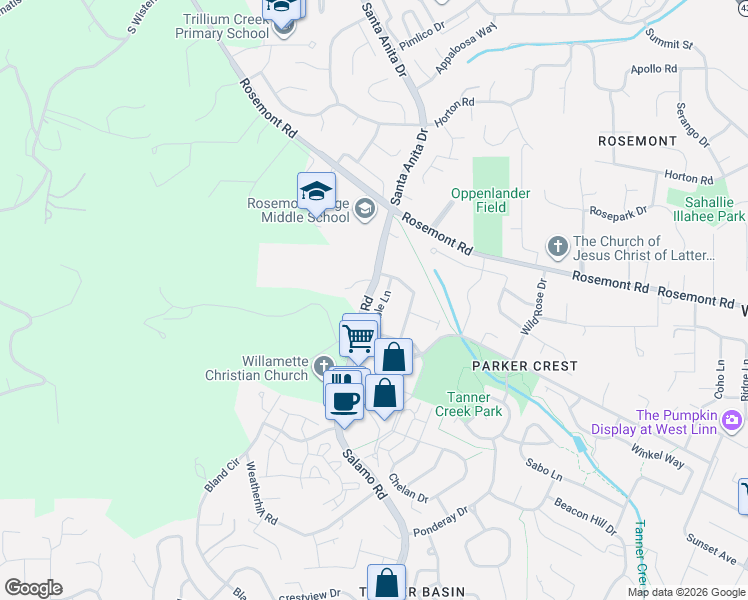 map of restaurants, bars, coffee shops, grocery stores, and more near 20374 Noble Lane in West Linn