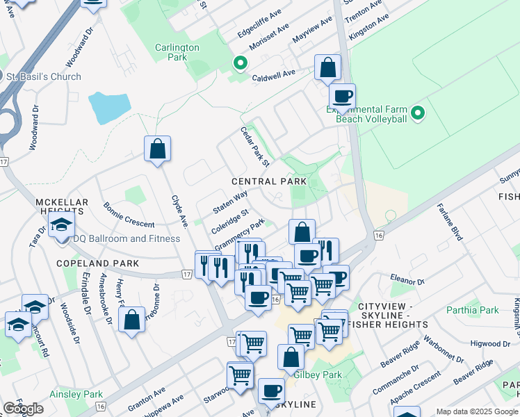 map of restaurants, bars, coffee shops, grocery stores, and more near in Ottawa