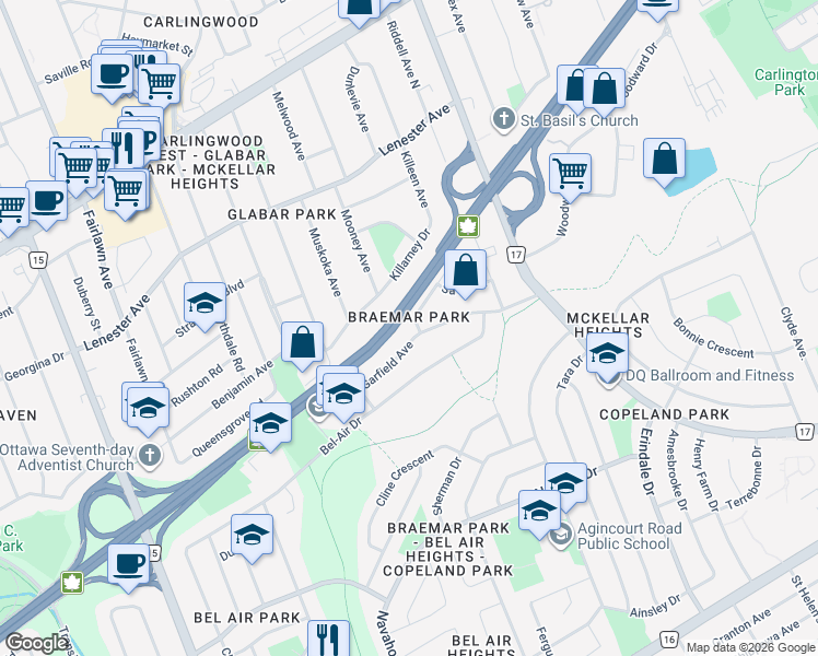 map of restaurants, bars, coffee shops, grocery stores, and more near 1960 Garfield Avenue in Ottawa