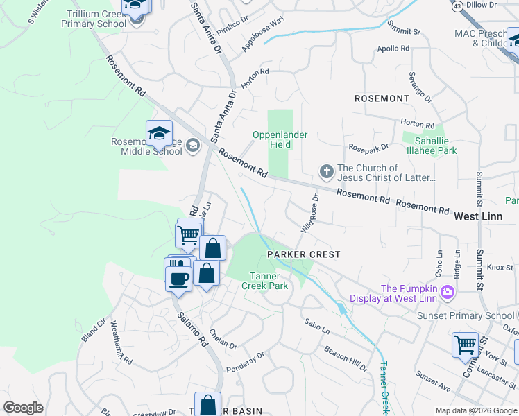 map of restaurants, bars, coffee shops, grocery stores, and more near 3144 Meadowlark Drive in West Linn