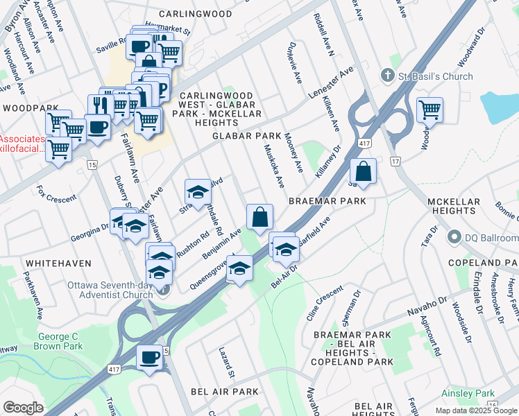 map of restaurants, bars, coffee shops, grocery stores, and more near 2059 Benjamin Avenue in Ottawa