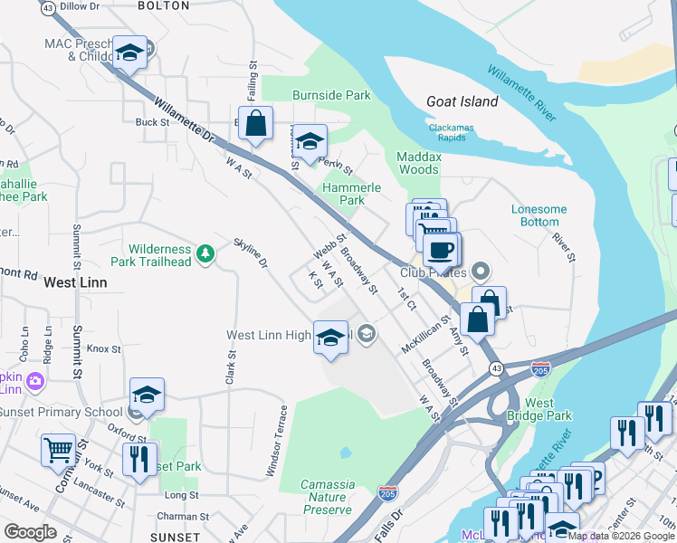 map of restaurants, bars, coffee shops, grocery stores, and more near 5710 West A Street in West Linn