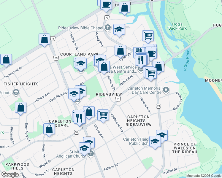 map of restaurants, bars, coffee shops, grocery stores, and more near in Ottawa