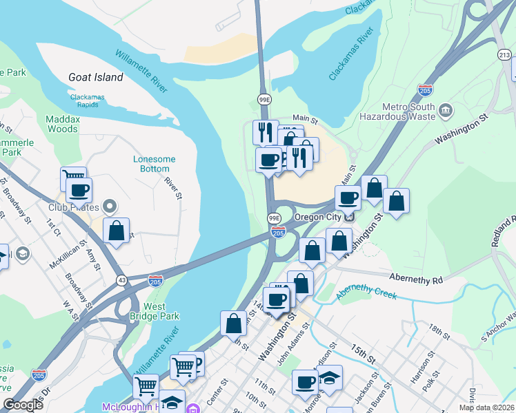 map of restaurants, bars, coffee shops, grocery stores, and more near 1701 Clackamette Drive in Oregon City