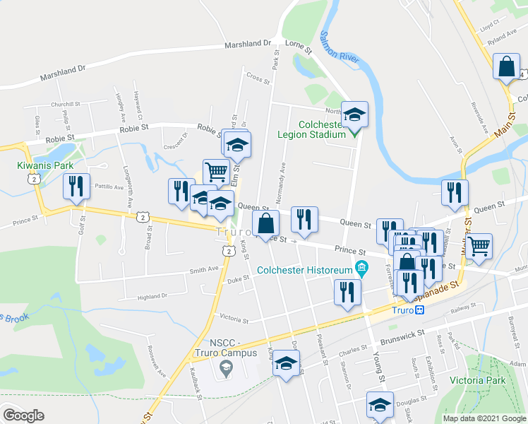 map of restaurants, bars, coffee shops, grocery stores, and more near 34 Queen Street in Truro