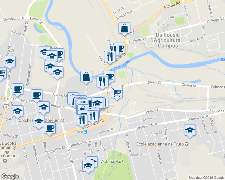 map of restaurants, bars, coffee shops, grocery stores, and more near 260 Queen Street in Truro