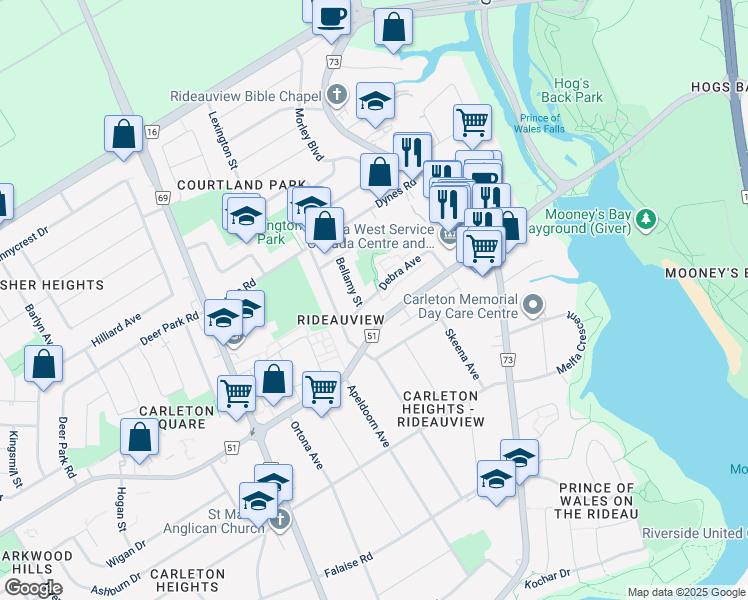 map of restaurants, bars, coffee shops, grocery stores, and more near 970 Debra Avenue in Ottawa