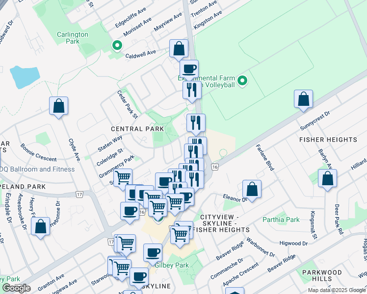 map of restaurants, bars, coffee shops, grocery stores, and more near 25 Manhattan Crescent in Ottawa