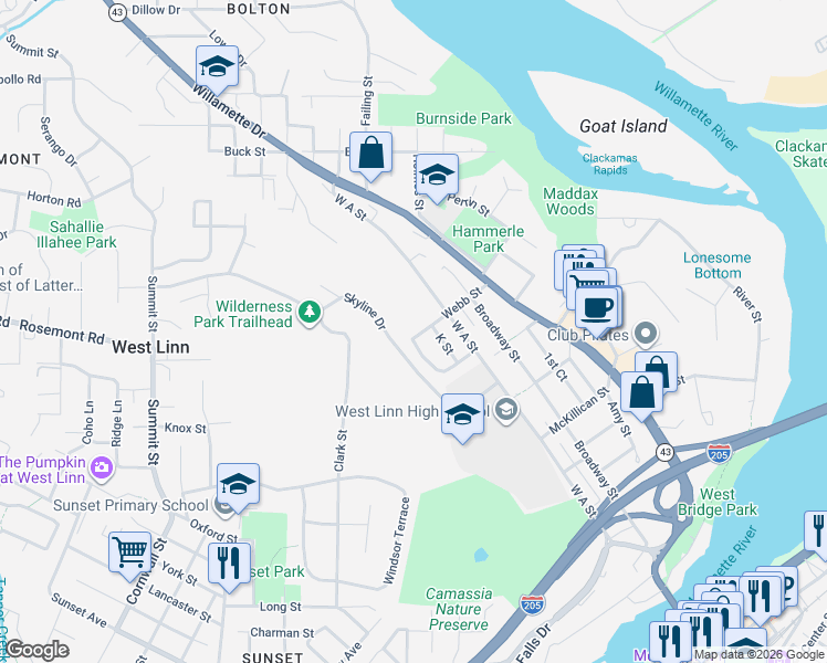 map of restaurants, bars, coffee shops, grocery stores, and more near 2145 Webb Street in West Linn