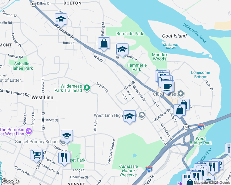 map of restaurants, bars, coffee shops, grocery stores, and more near 5795 Skyline Drive in West Linn