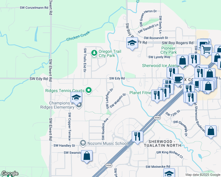 map of restaurants, bars, coffee shops, grocery stores, and more near 21159 Southwest Ladyfern Drive in Sherwood