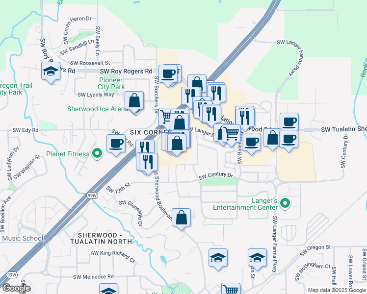 map of restaurants, bars, coffee shops, grocery stores, and more near 16100 Southwest Century Drive in Sherwood