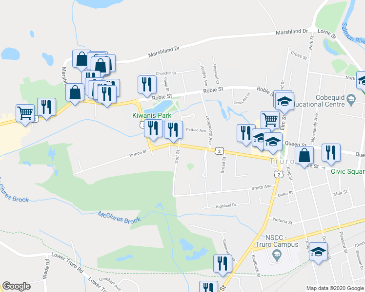 map of restaurants, bars, coffee shops, grocery stores, and more near 354 Prince Street in Truro