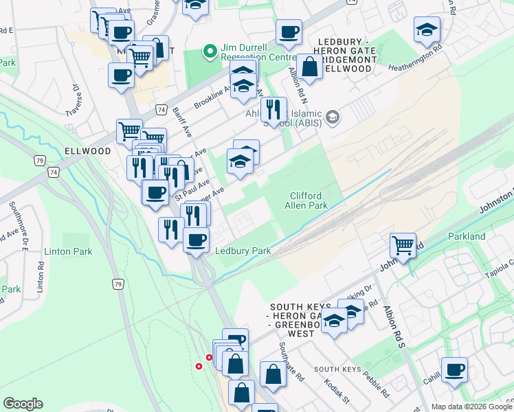 map of restaurants, bars, coffee shops, grocery stores, and more near 1295 Ledbury Avenue in Ottawa