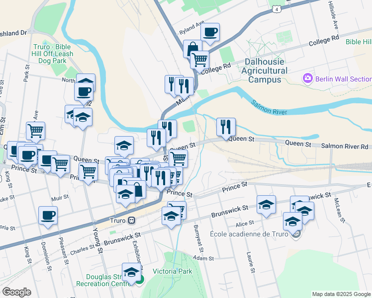 map of restaurants, bars, coffee shops, grocery stores, and more near 280 Queen Street in Truro