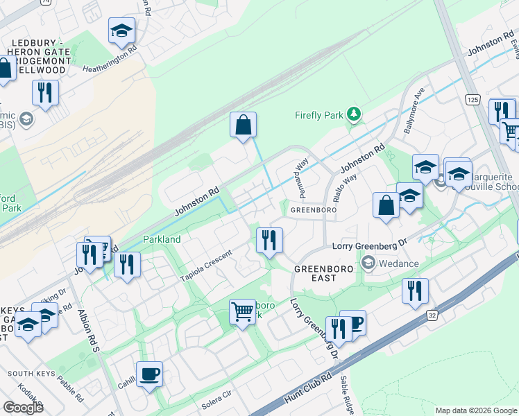 map of restaurants, bars, coffee shops, grocery stores, and more near 160 Rushford Private in Ottawa