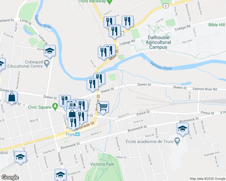 map of restaurants, bars, coffee shops, grocery stores, and more near 286 Queen Street in Truro
