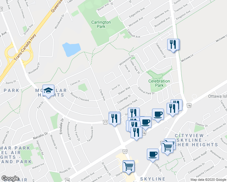 map of restaurants, bars, coffee shops, grocery stores, and more near 256 Scout Street in Ottawa