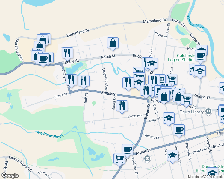 map of restaurants, bars, coffee shops, grocery stores, and more near 403 Prince Street in Truro
