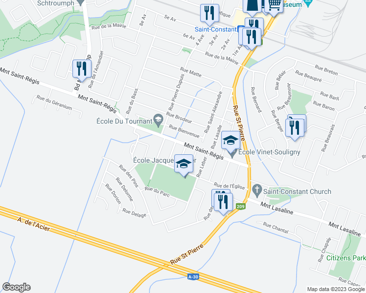 map of restaurants, bars, coffee shops, grocery stores, and more near 46 Montée Saint Régis in Saint-Constant
