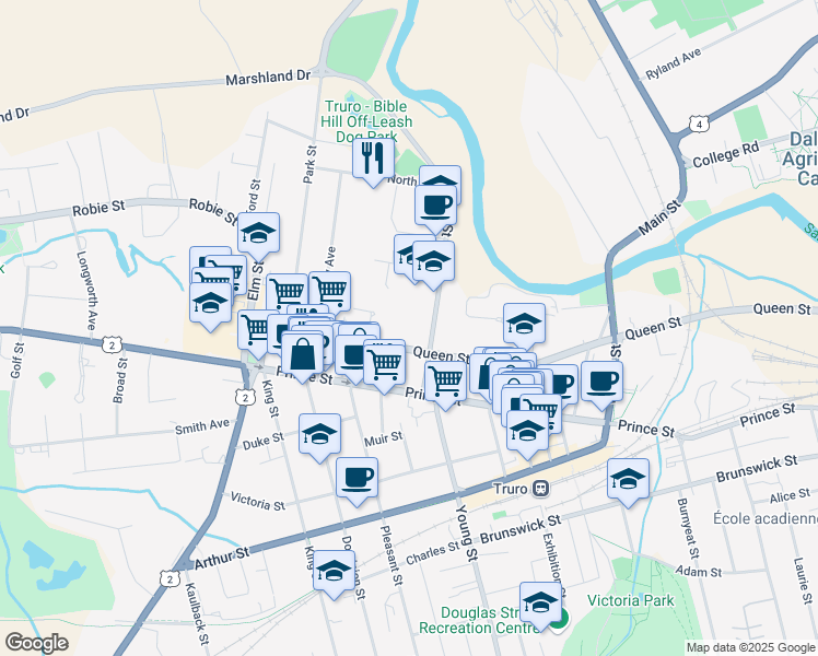 map of restaurants, bars, coffee shops, grocery stores, and more near 105 Queen Street in Truro