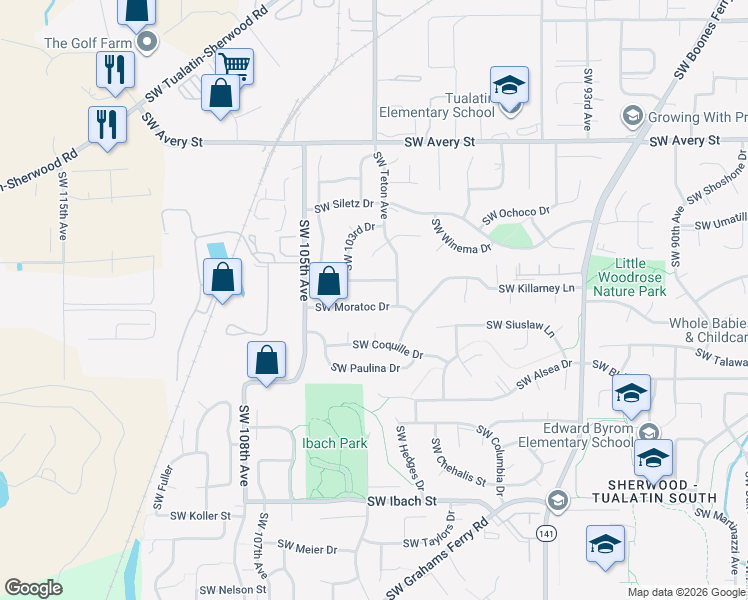 map of restaurants, bars, coffee shops, grocery stores, and more near 10279 Southwest Susquehanna Drive in Tualatin