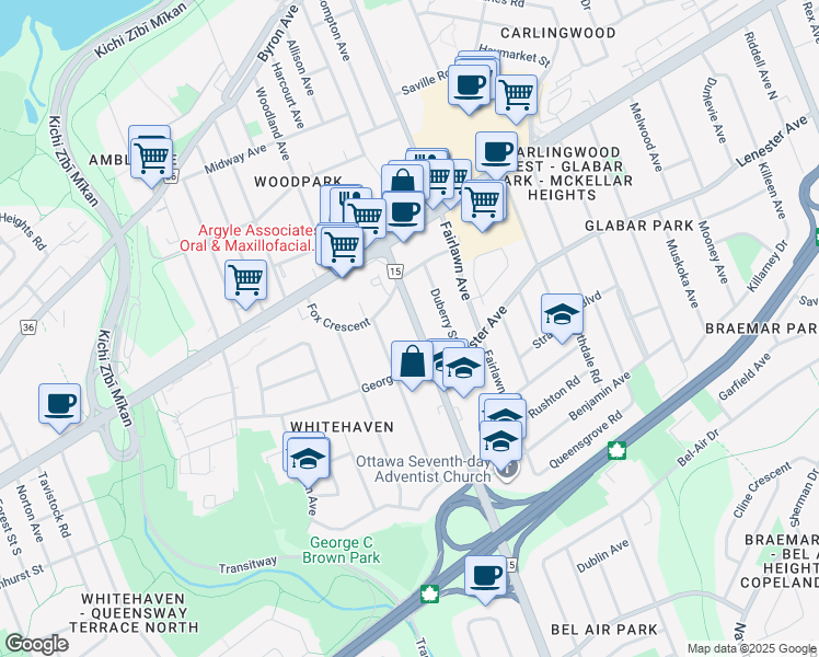 map of restaurants, bars, coffee shops, grocery stores, and more near in Ottawa