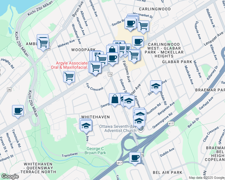map of restaurants, bars, coffee shops, grocery stores, and more near in Ottawa