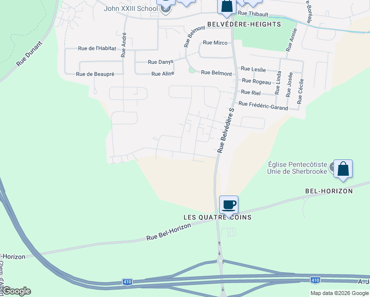 map of restaurants, bars, coffee shops, grocery stores, and more near 857 Rue Lamarche in Sherbrooke