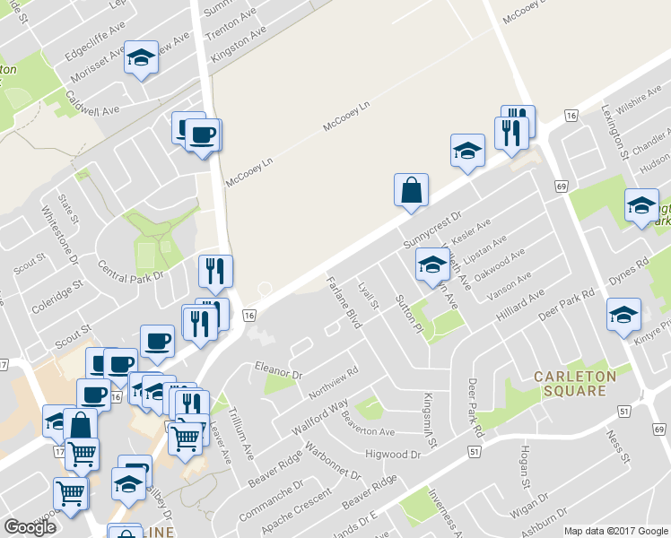 map of restaurants, bars, coffee shops, grocery stores, and more near 992 Baseline Road in Ottawa