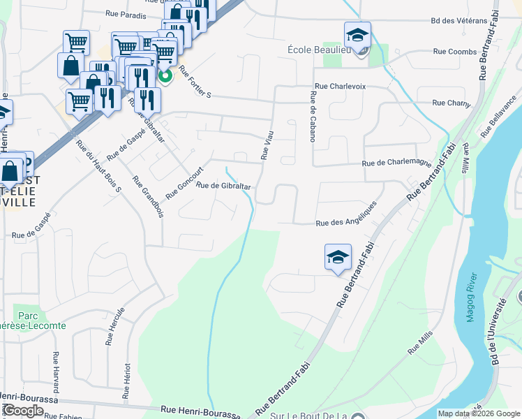 map of restaurants, bars, coffee shops, grocery stores, and more near 4730 Rue des Chanterelles in Sherbrooke