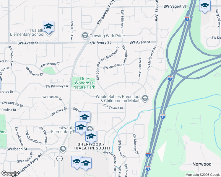 map of restaurants, bars, coffee shops, grocery stores, and more near 8767 Southwest Iroquois Drive in Tualatin