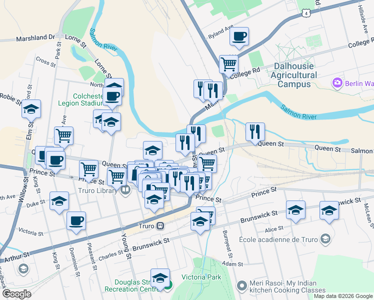 map of restaurants, bars, coffee shops, grocery stores, and more near 12 Mill Street in Truro