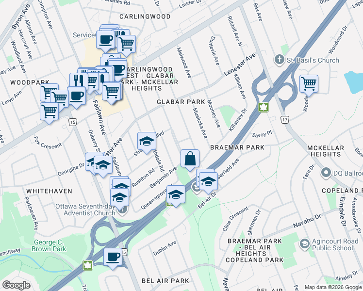 map of restaurants, bars, coffee shops, grocery stores, and more near 961 Kingsmere Avenue in Ottawa