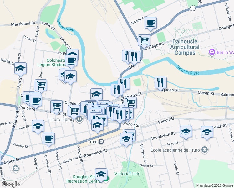 map of restaurants, bars, coffee shops, grocery stores, and more near 12 Mill Street in Truro