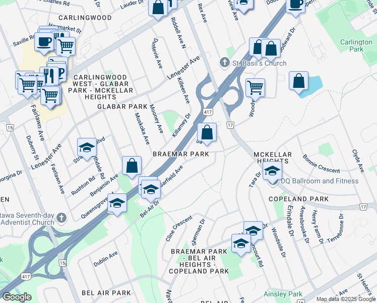 map of restaurants, bars, coffee shops, grocery stores, and more near 1942 Southampton Court in Ottawa
