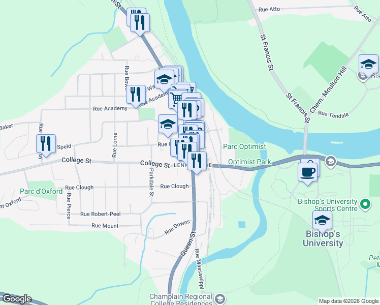 map of restaurants, bars, coffee shops, grocery stores, and more near 9 Rue Church in Sherbrooke