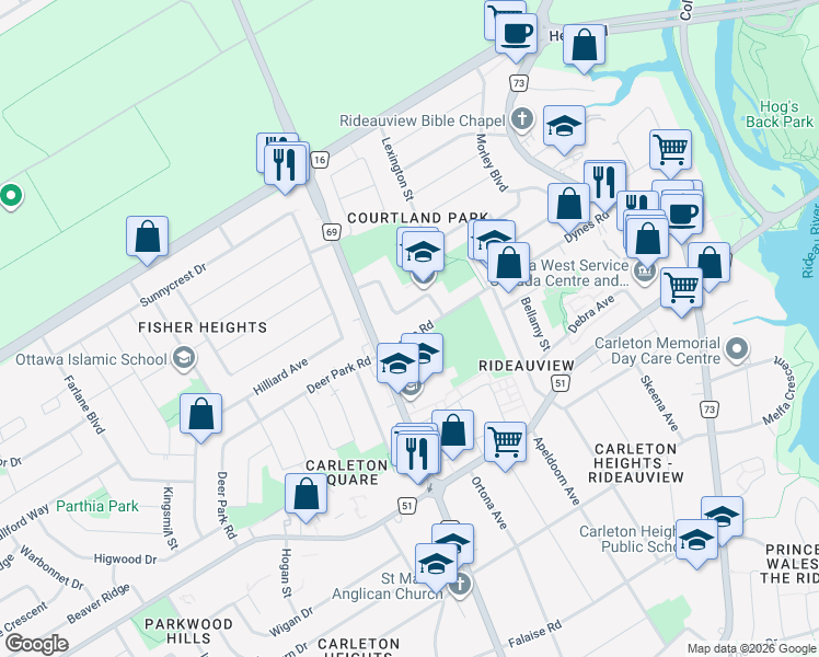 map of restaurants, bars, coffee shops, grocery stores, and more near 1071 Dynes Road in Ottawa