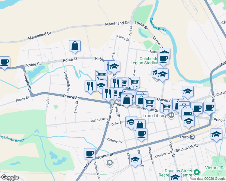map of restaurants, bars, coffee shops, grocery stores, and more near 1 Queen Street in Truro