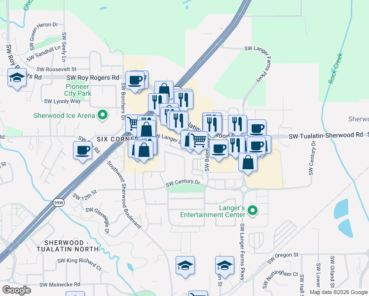 map of restaurants, bars, coffee shops, grocery stores, and more near 15964 Southwest Tualatin-Sherwood Road in Sherwood