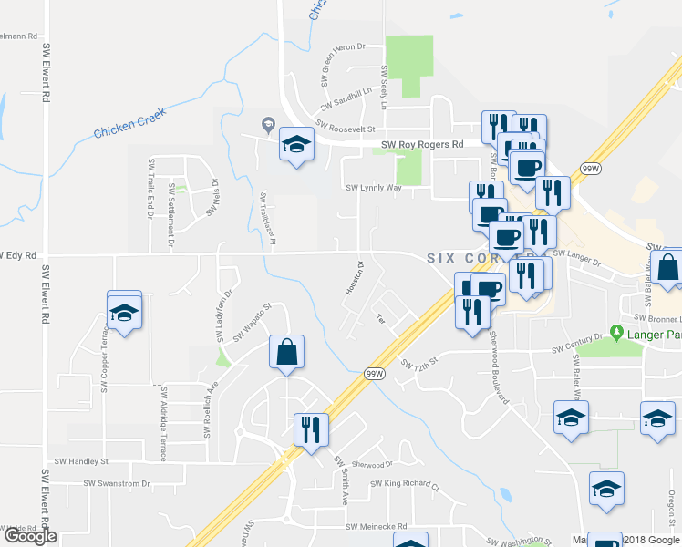 map of restaurants, bars, coffee shops, grocery stores, and more near 17216 Southwest Edy Road in Sherwood