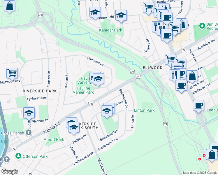 map of restaurants, bars, coffee shops, grocery stores, and more near 1051 Harkness Avenue in Ottawa